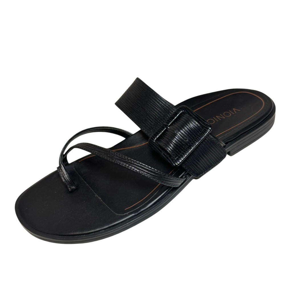 VIONIC Julep Leather Slip On Shoes Adj‎ Buckle Black Flat Sandals Sz. 9.5 New